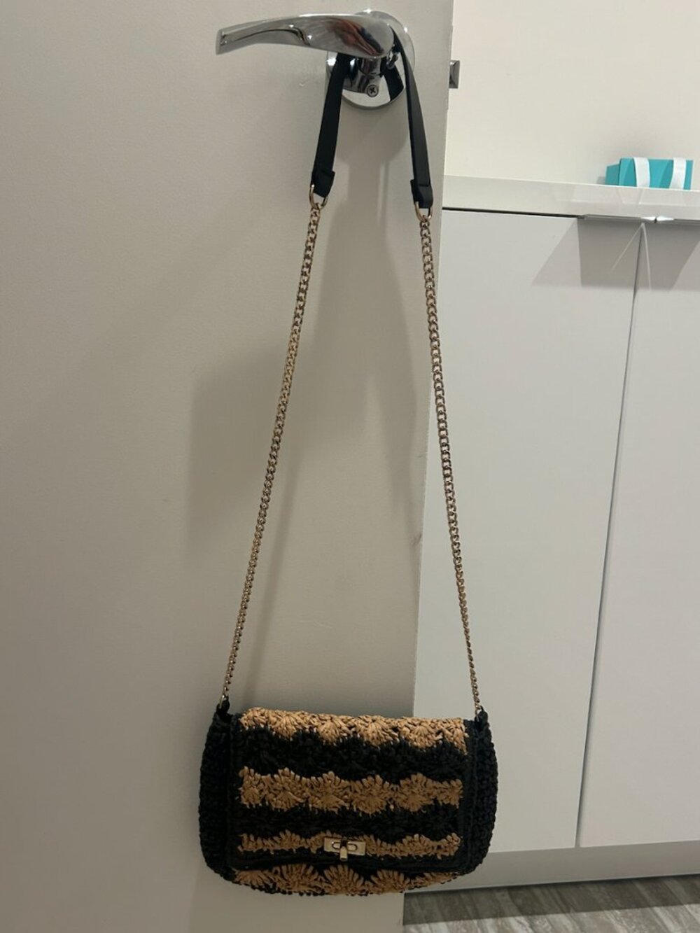 Zara Raffia Crochet Striped Crossbody Bag | Black & Natural | Gold Chain Strap